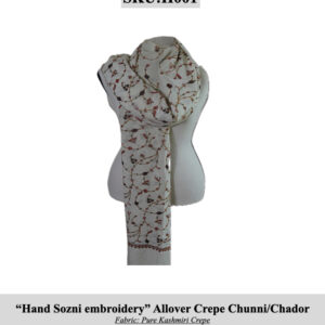 White Kashmiri crepe scarf with red hand-Sozni embroidery draped on a mannequin; SKU H001.