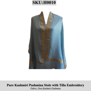 SKU H0010: Blue gradient Kashmiri pashmina stole with gold Tilla embroidery along edges.