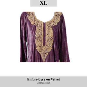 Purple velvet top with intricate gold embroidery around neckline labeled SKU H00100, size XL