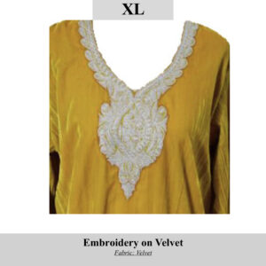 Yellow velvet top with a large white embroidered neckline and chest motif (SKU H00101, size XL).