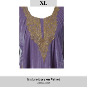 Purple velvet garment with ornate gold embroidery around the neckline; SKU H00102, size XL. Made by displaced Kashmiri women.