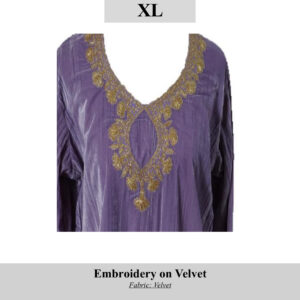 Purple velvet tunic with gold embroidery around the neckline, SKU H00103 XL; crafted by displaced Kashmiri women.