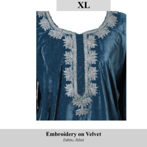Blue velvet kurti with silver floral embroidery along the neckline and front placket, size XL (SKU H00104).