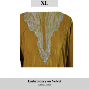 Mustard velvet garment with white embroidered V-shaped pattern down the front; SKU H00105, size XL.