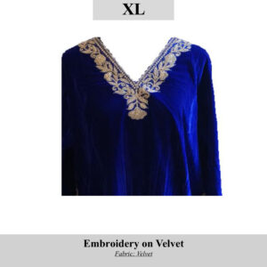 Blue velvet top with gold floral embroidery along the V-neckline; SKU H00106, size XL.