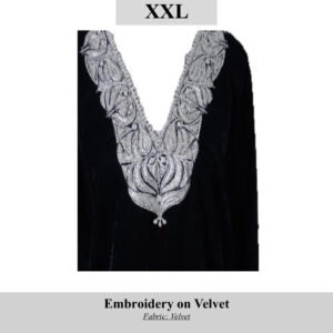 Black velvet garment with ornate silver embroidery forming a V-neckline; SKU H00107, size XXL.