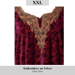 Velvet maroon garment with ornate gold and green embroidery along the neckline, SKU H00108, size XXL.
