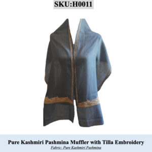 Muffler scarf in dark blue Kashmiri Pashmina with gold tilla embroidery, SKU H0011.