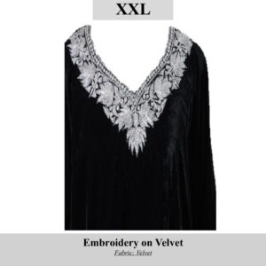 Black velvet garment with a wide V-neckline heavily embroidered in silver thread; SKU H00110, size XXL (text panel above the image).