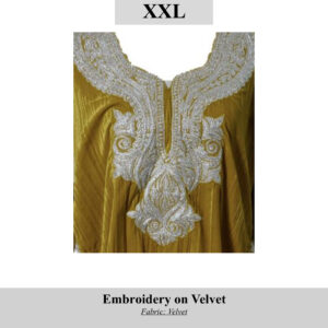 Gold velvet garment with intricate silver embroidery around the neckline; SKU H00111, size XXL.