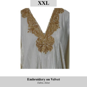 Velvet tunic with gold embroidery along a deep V-neckline; white fabric, SKU H00113, XXL size.