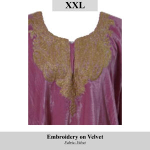 Velvet plum-colored garment with intricate gold embroidery along the neckline; SKU H00114, size XXL (Embroidery on Velvet).