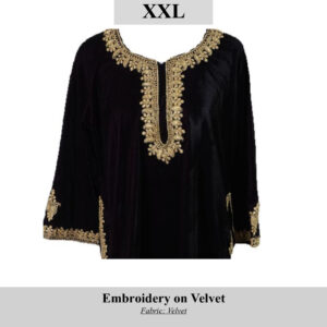 Black velvet tunic with gold embroidery along neckline and sleeves, size XXL, SKU H00115.