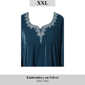 Blue velvet top with silver floral embroidery along the neckline, size XXL (SKU H00116); crafted by displaced Kashmiri women.