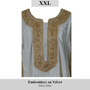White velvet kurta with ornate gold embroidery along the neckline and chest; size XXL, SKU H00117