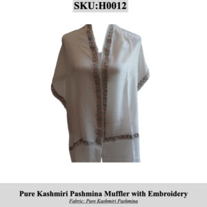 White Kashmiri pashmina muffler with embroidered red border (SKU H0012).