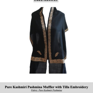 Black Kashmiri pashmina muffler with gold tilla embroidery along the front edges and hem, displayed on a mannequin against a white background.
