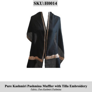 Black Pure Kashmiri Pashmina muffler with copper Tilla embroidery along the borders, displayed on a white background. SKU H0014.