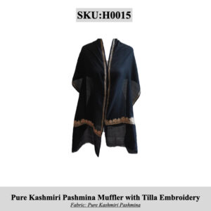Pure Kashmiri Pashmina muffler with Tilla embroidery in dark blue/black, SKU H0015.