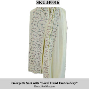 Georgette sari in cream with Sozni hand embroidery in pastel colors; handmade by displaced Kashmiri women.