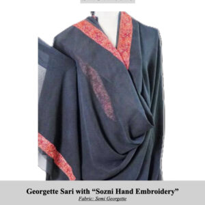 Georgette sari with red Sozni hand-embroidery borders draped on a mannequin; SKU H0017