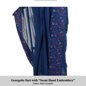 Georgette sari in deep blue with pink Sozni embroidery along sheer panels, SKU H0018
