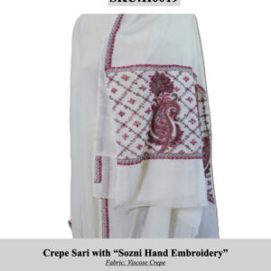 White crepe sari with red Sozni hand embroidery on a bordered panel; SKU H0019