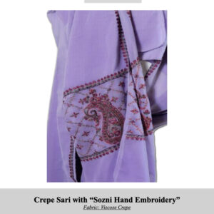 Purple viscose crepe sari featuring Sozni hand embroidery on the drape, SKU H0020.