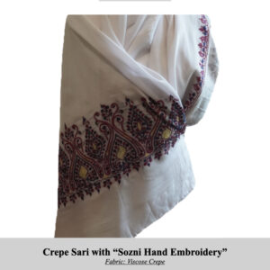 White viscose crepe Crepe Sari with Sozni hand-embroidery along a burgundy-yellow border; SKU H0022