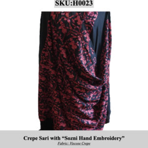 Crepe sari with red Sozni embroidery on black viscose crepe; SKU H0023 (handmade by Kashmiri women).