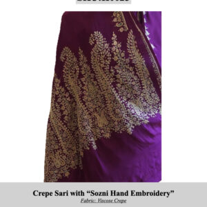 Purple crepe sari with gold Sozni hand-embroidery along the border; SKU H0025 (fabric: viscose crepe). A handmade Kashmiri craft item, bordered in ornate gold patterns.