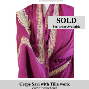 Magenta crepe sari with gold tilla embroidery, labeled SKU H0027 and marked SOLD with pre-order available; handcrafted by displaced Kashmiri women.