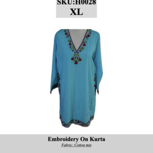 Turquoise cotton-mix kurta with colorful floral embroidery along the V-neck and hem, size XL (SKU H0028).