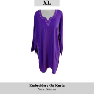 Purple kurta with decorative embroidery around neckline; size XL, SKU H0029. Cotton-mix fabric; crafted by displaced Kashmiri women (HemAth Jagti Camp).