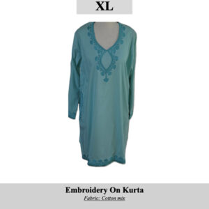 Turquoise embroidered kurta (XL) with V-neck and blue floral embroidery along neckline and hem; cotton-mix fabric; SKU H0030.