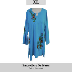 Blue kurta with colorful floral embroidery, long sleeves, and side slits; labeled SKU H0031, size XL (informative product image).