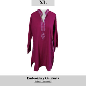 Magenta kurta with pink embroidery along neckline and front, size XL, SKU H0032 (product image)
