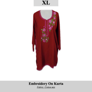 Red cotton-mix kurta with pink floral embroidery along the neckline and chest, size XL, SKU H0033.