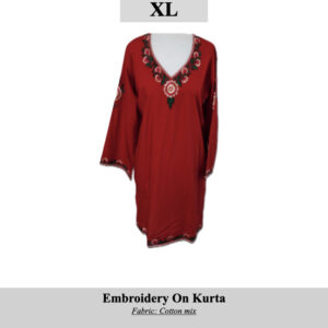 Red cotton-mix kurta with colorful embroidery along the neckline and hem; size XL, SKU H0034.