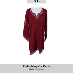Maroon kurta with blue embroidery around neckline and cuffs; cotton mix, SKU H0035, size XL