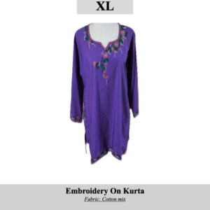 Purple cotton-mix kurta with multicolored floral embroidery at neckline and cuffs, size XL (SKU H0036).
