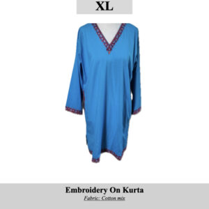 Blue embroidered kurta with red border trim, size XL, SKU H0037 (cotton mix).
