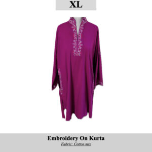 Magenta kurta with white embroidery along neckline and cuffs, size XL; SKU H0038; cotton-mix fabric