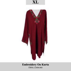 Red kurta with green-pink floral embroidery along the neckline and cuffs; cotton mix fabric, size XL