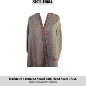 Grey Kashmiri Pashmina shawl with orange hand-Sozni jaal embroidery, draped; SKU H004.