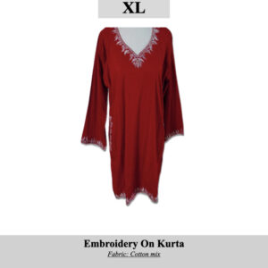 Red kurta with white embroidered neckline and cuffs, size XL, SKU H0040. Cotton mix fabric.