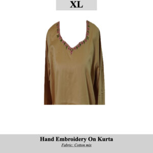 Hand-embroidered kurta in brown cotton mix with pink floral trim along a V-neck, size XL (SKU H0041)