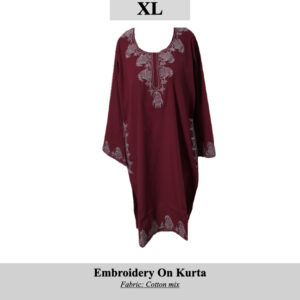 Maroon kurta with intricate white embroidery at the neckline and hems; cotton-mix fabric, size XL, product SKU H0042.