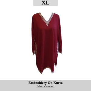 Red kurta with white embroidery along V-neck, cuffs, and pockets; cotton–mix fabric, knee-length.