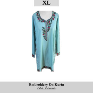 Turquoise embroidered kurta with floral embroidery along neckline and cuffs, size XL (SKU H0044)